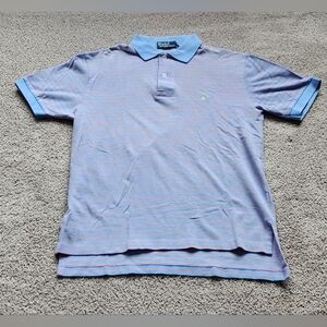 Polo Ralph Lauren Men's Blue Short Sleeve Polo With Orange Stripes, Medium